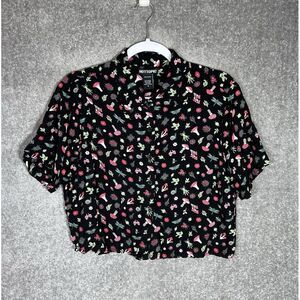 Hot Topic Top Womens Sz M Black Button‎ Up Crop Forest Earth Girl Mushroom Frog